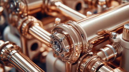 This close-up image features polished copper pipes and fittings in an industrial setting, showcasing intricate details and reflective surfaces, perfect for engineering visuals.の素材