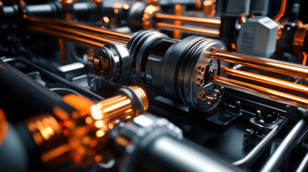 Detailed close-up of intricate industrial machinery featuring metallic pipes and components. The image highlights the complexity of technology and engineering in modern production systems.の素材