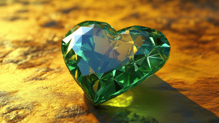 Intricate green heart-shaped gemstone sitting on a rich yellow surface, its sparkling facets exuding opulence.の素材