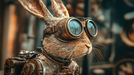 Intricate steampunk robotic rabbit wearing aviator goggles, blending vintage charm with futuristic details.の素材