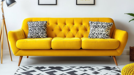 Minimalist living room featuring a yellow couch and geometric lamp, accentuating clean lines and contemporary styleの素材