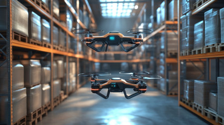 Two drones are flying in a spacious modern warehouse with organized shelves. This image represents advancements in automation, logistics, and efficient storage solutions.の素材