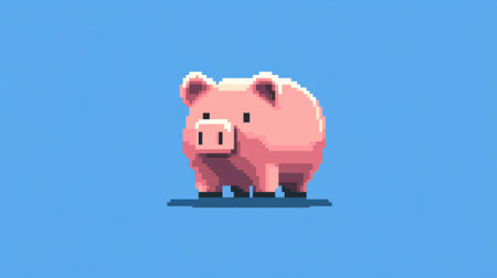 This adorable pixel art piggy bank showcases a playful character in a vibrant blue background. Perfect for finance and savings concepts in a fun style.の素材