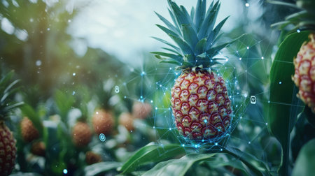 Lush pineapple crops under digital observation exemplify IoT's role in enhancing crop health and maximizing agricultural productivityの素材