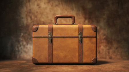 This vintage leather suitcase features a rich brown color and sturdy design, perfect for evoking travel memories, adventure, and timeless style in photography.の素材