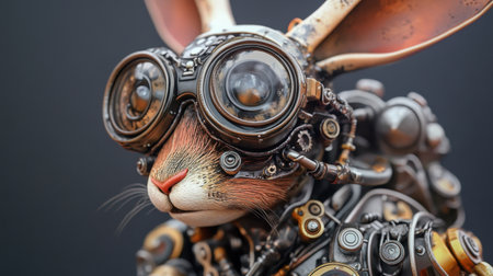 Intricate steampunk robotic rabbit wearing aviator goggles, blending vintage charm with futuristic details.の素材