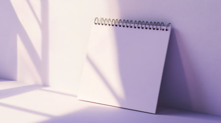 Mock-up of a spiral-bound calendar isolated on a clean background, highlighted by soft purple geometric forms.の素材
