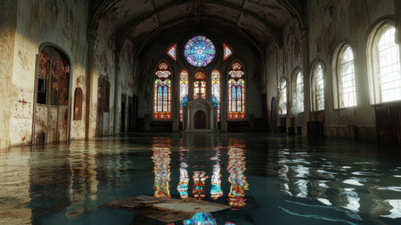 An evocative scene of a flooded abandoned church, featuring stunning stained glass windows. The reflections in the water create a surreal atmosphere that blends decay with beauty.の素材
