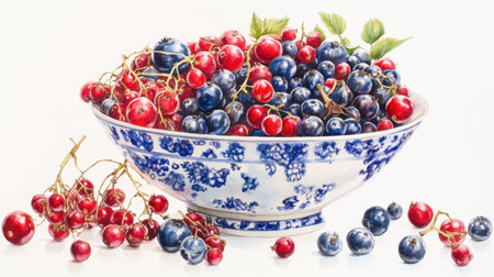 Overflowing bowl of ripe berries in vivid reds and blues on a clean white background, perfect for food or health themes.の素材