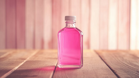 A beautifully styled glass bottle filled with vibrant pink liquid sits on a wooden table. The soft background enhances the delicate atmosphere, ideal for showcasing beauty or wellness products.の素材