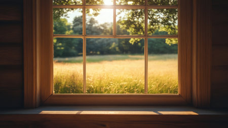 Open window in the middle of a serene field, sunlight streaming through, filling the space with calmness and harmony.の素材