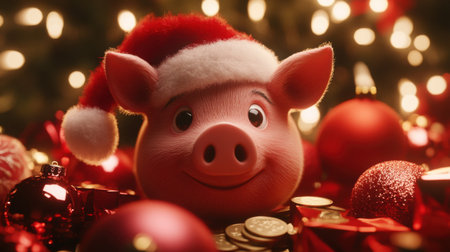 An adorable piggy wearing a Santa hat smiles amid festive ornaments and lights, evoking warmth and cheer. Perfect for holiday celebrations and decorations.の素材