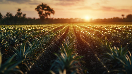 Pineapple fields glow with technological data overlays, showcasing the intersection of tradition and advanced IoT agricultural monitoringの素材