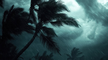 Palm trees sway violently in gale-force winds against a dark, stormy backdrop, highlighting the dramatic impact of nature's furyの素材