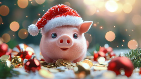 A charming piggy bank wearing a Santa hat, surrounded by festive decorations and shimmering coins, embodies the spirit of holiday savings and joy.の素材