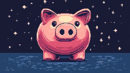 This charming pixel art piggy bank stands against a dark night sky, surrounded by sparkles. Its vibrant colors and playful design evoke a sense of fun savings and childhood nostalgia.の素材