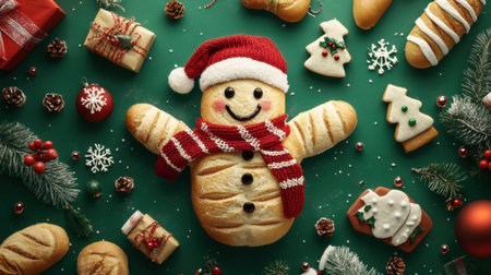 A charming gingerbread snowman dressed in a red scarf, surrounded by various festive cookies and holiday decorations, creating a delightful Christmas scene.の素材