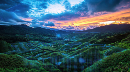 Pineapple fields glow with technological data overlays, showcasing the intersection of tradition and advanced IoT agricultural monitoringの素材