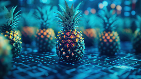 Pineapple plants thrive in a monitored environment, with IoT visuals emphasizing smarter growth and efficient resource management in farmingの素材