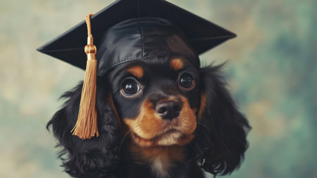 Playful puppy with a graduation hat, posing against a soft background, perfect for educational or celebratory themes.の素材