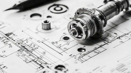 A close-up view of a mechanical component resting on detailed technical drawings. This image captures the essence of engineering design and precision workmanship.の素材