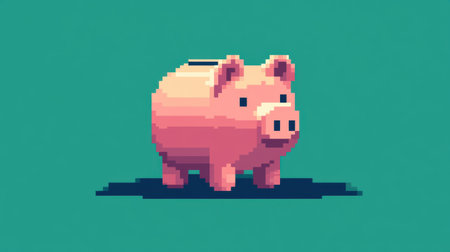 This retro pixel art piggy bank illustration showcases a playful design suitable for financial themes. Perfect for educational materials and creative projects.の素材