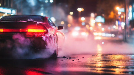 Rear-end car accident scene with visible damage, smoke, and dynamic light effects, emphasizing the impactの素材