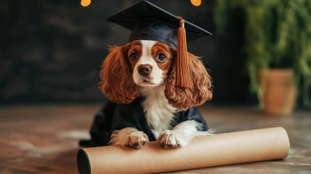 Puppy donning a graduation cap, seated on a diploma scroll, exuding charm and academic success vibes.の素材