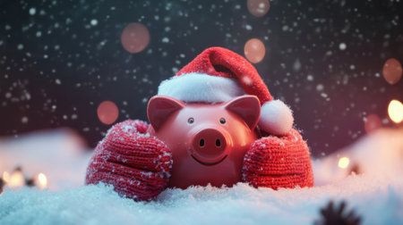 This delightful image features a cheerful piggy bank wearing a Santa hat, nestled in soft snow. Perfect for conveying holiday spirit and joy.の素材
