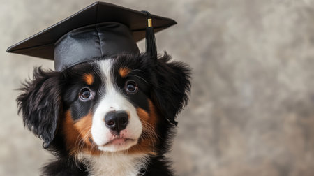 Playful puppy with a graduation hat, posing against a soft background, perfect for educational or celebratory themes.の素材