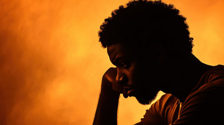 Silhouette of a black man in deep thought, highlighted against a soft, glowing background, creating a reflective mood.の素材