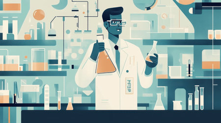 Professional scientist analyzing chemicals in a laboratory, holding a flask and surrounded by various lab tools and glassware.の素材