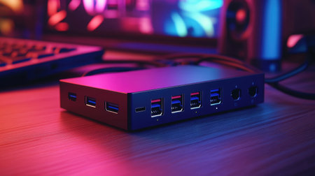 Promotional render of a USB-C hub station, featuring a compact and versatile design with clearly visible ports.の素材