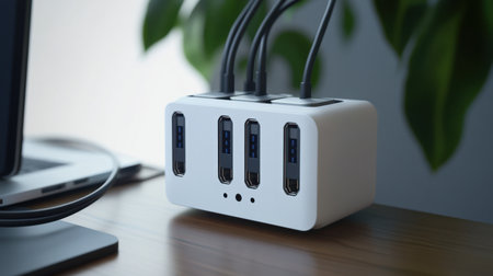 Promotional render of a USB-C hub station, featuring a compact and versatile design with clearly visible ports.の素材