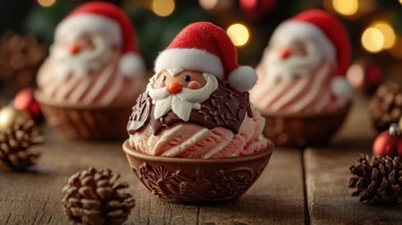 A delightful dessert featuring a Santa Claus ice cream treat, complete with chocolate details, set against a cheerful holiday background, perfect for festive celebrations.の素材