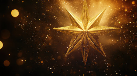 A stunning golden star surrounded by a radiant bokeh background, perfect for celebrations, holidays, and festive decorations. The shimmering effect adds a touch of magic and elegance.の素材