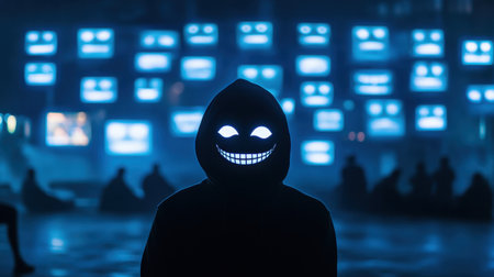 A hooded figure stands in an urban setting, illuminated by glowing screens. The sinister grin creates an eerie atmosphere, provoking thoughts on identity and technology.の素材