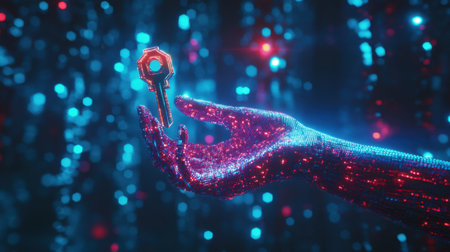 A futuristic hand embellished with shimmering particles holds a key, symbolizing access and security in a digital realm. The vibrant colors and high-tech design evoke innovation and mystery.の素材