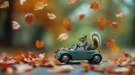 A tiny squirrel steering a miniature car through a vibrant autumn landscape filled with colorful falling leavesの素材