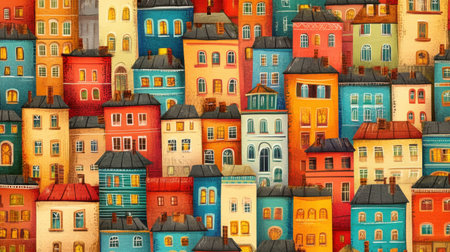 This vibrant illustration features a colorful urban landscape filled with unique buildings and charming facades, showcasing an artistic urban design and cheerful atmosphere.の素材
