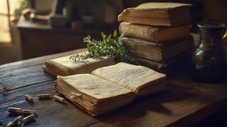 A serene setting: ancient manuscripts and herbal remedies arranged on a rustic wooden table, illuminated by warm, inviting lightの素材