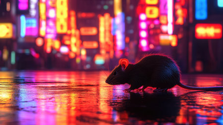 A captivating silhouette of a small rodent is set against a vibrant neon cityscape. The rich colors reflect beautifully on the wet ground, creating an alluring nighttime scene.の素材