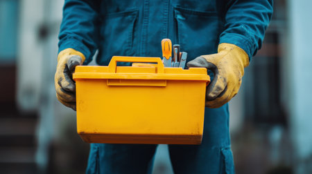 A person in a blue jumpsuit and gloves holds a bright yellow toolbox filled with various tools, showcasing readiness for construction and maintenance tasks.の素材