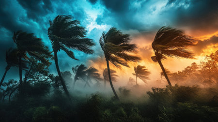 A tropical storm unfolds as fierce winds lash palm trees, creating a dynamic and visually striking natural sceneの素材