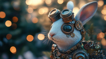A whimsical steampunk rabbit adorned with goggles and gears. Set against a softly lit, dreamy background, this charming character evokes a sense of curiosity and adventure.の素材