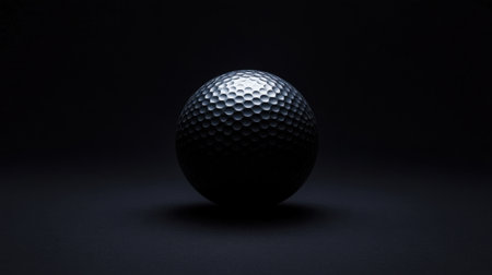 A striking black golf ball sits alone on a dark background, showcasing its textured surface and glossy finish. The dramatic lighting accentuates its unique design.の素材