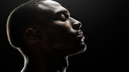 A striking profile portrait capturing a man's serene expression against a dark background. The dramatic lighting highlights his features, evoking calmness and introspection.の素材