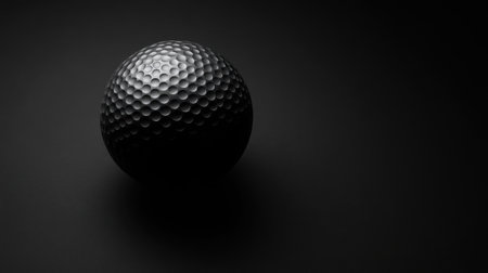 A striking black golf ball rests on a dark background, showcasing its unique texture and glossy surface, perfect for sports-related visuals and designs.の素材
