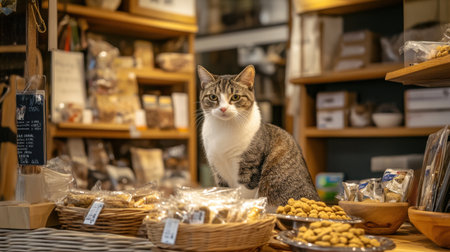 A charming cat explores a cozy shop filled with treats and snacks. The warm ambiance and natural light create a welcoming environment perfect for pet lovers.の素材