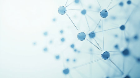 A captivating abstract representation of a molecular structure with blue elements, showcasing connections and intricate patterns against a light background. Ideal for science and technology themes.の素材